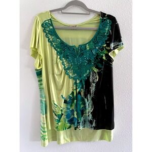 One World Top Womens‎ 1X Yellow Teal Babydoll Fairy Rhinestone Stretch Bohemian